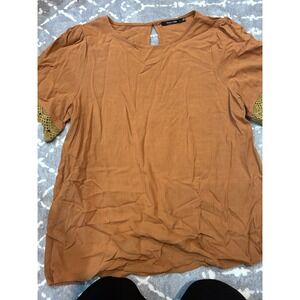 Doe & Rae‎ Womens Top Size L Brown Crochet Sleeve Round Neck Casual Blouse